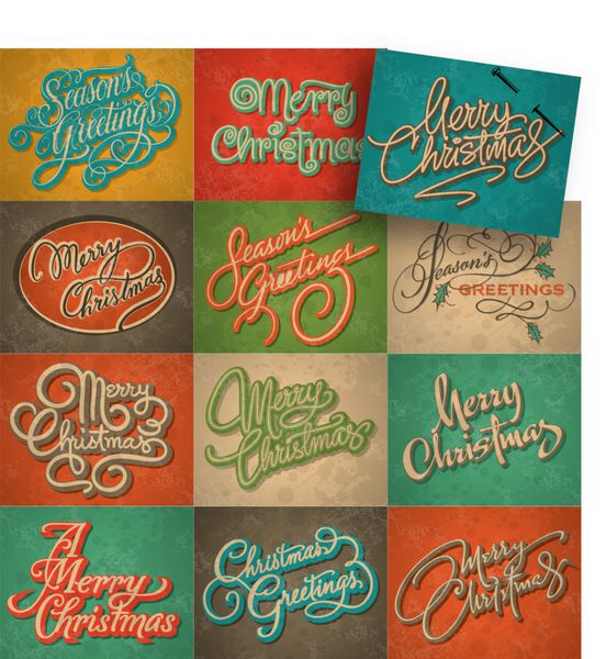 مجموعه 12 کارت رترو کریسمس وکتور تمام متون با حروف دستی - خوشنویسی دست ساز افکت گرانج در لایه جداگانه