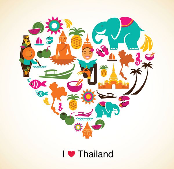 عشق تایلند - قلب با نمادها و نمادهای تایلندی