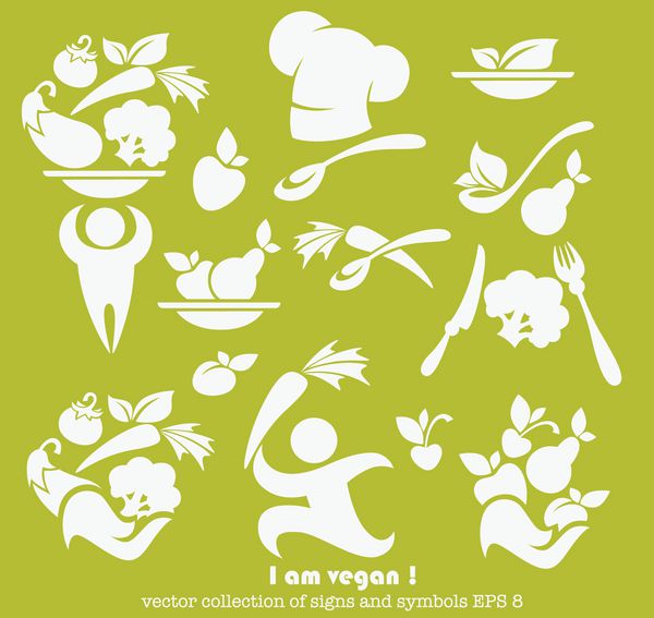 مجموعه وکتور تغذیه سالم و غذای گیاهی تصاویر سفید در پس زمینه سبز
