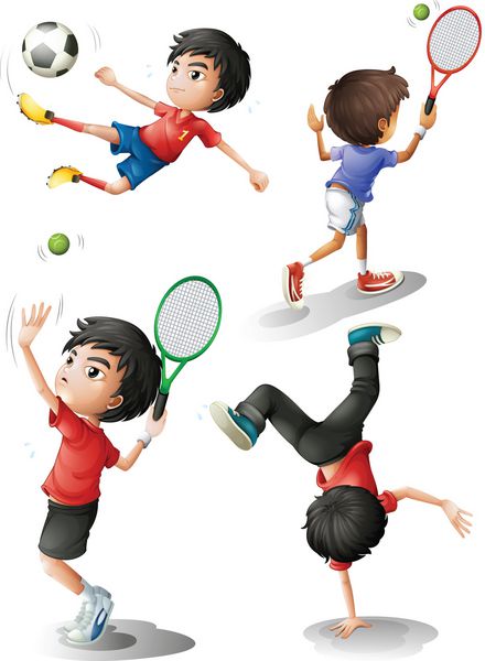 تصویری از چهار پسر در حال انجام ورزش های مختلف در زمینه سفید