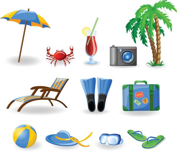 نمادهای سفر کف دست توپ سالن استراحت چتر فلیپ فلاپ باله و چمدان