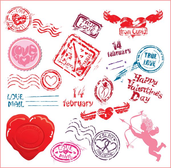 مجموعه ای از عناصر طراحی نامه عشق - علامت پست - ست پستی روز ولنتاین یا عروسی
