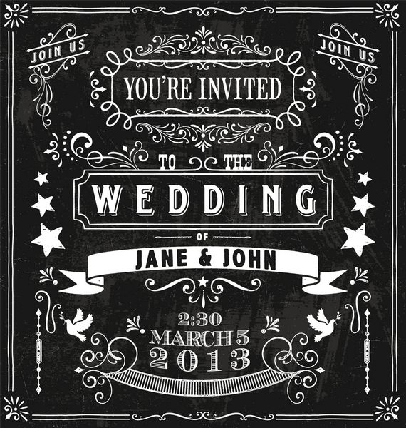 دعوتنامه عروسی به سبک تخته سیاه کشیده شده با دست با گروهی از عناصر طراحی
