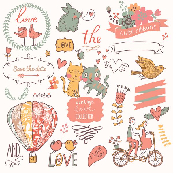 مجموعه عشق قدیمی گل برچسب لورل قلب پرندگان گربه خرگوش بالون هوا دوچرخه مجموعه گرافیکی در سبک رترو