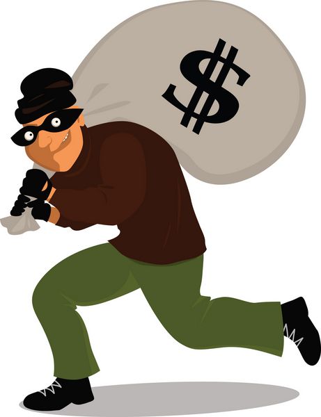 دزد کارتونی با ماسک در حال حمل یک کیسه پول با علامت دلار روی آن وکتور
