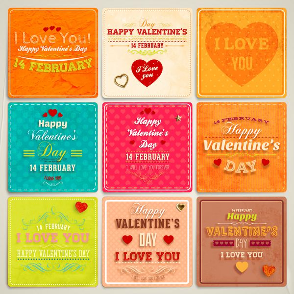 مجموعه کارت های تبریک روز ولنتاین برای طراحی برچسب های تعطیلات قدیمی بافت کاغذ رترو وکتور