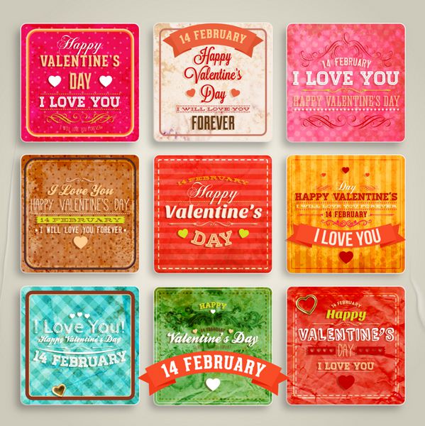 مجموعه کارت های تبریک روز ولنتاین برای طراحی برچسب های تعطیلات قدیمی بافت کاغذ رترو وکتور