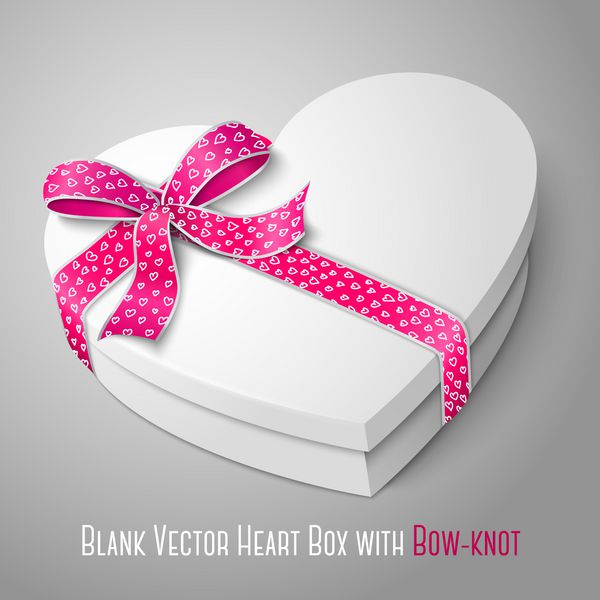 وکتور جعبه قلب سفید خالی واقع گرایانه با روبان صورتی و سفید و گره پاپیونی جدا شده در پس زمینه خاکستری برای روز ولنتاین یا عشق شما طراحی ارائه می دهد