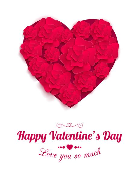 کارت تعطیلات تایپی گلدار روز ولنتاین مبارک با قلب قرمز و گل های کاغذی روی پس زمینه سفید این وکتور را می توان به عنوان کارت تبریک یا دعوت نامه عروسی استفاده کرد