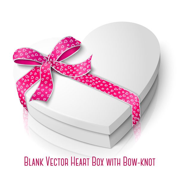 وکتور جعبه شکل قلب سفید خالی واقع گرایانه با روبان صورتی و سفید و گره پاپیون ایزوله شده روی پس زمینه سفید با انعکاس برای روز ولنتاین یا عشق شما طراحی ارائه می دهد