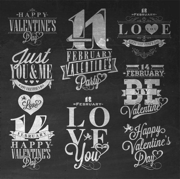 روز ولنتاین مبارک با دست حروف عناصر و تصاویر تنظیم شده روی تخته سیاه با گچ
