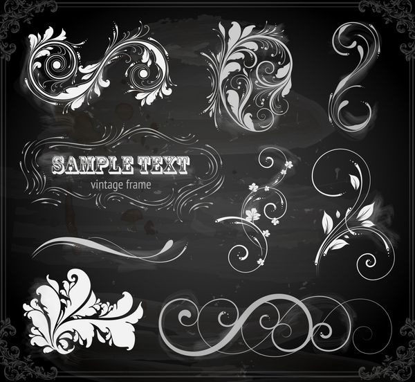 مجموعه وکتور عناصر طراحی خوشنویسی قدیمی و تزیین صفحه برای طراحی رترو با تزئینات و گلهای قدیمی تصویر گونه تخته سیاه
