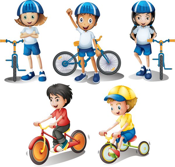 تصویر بچه ها با دوچرخه هایشان در پس زمینه سفید