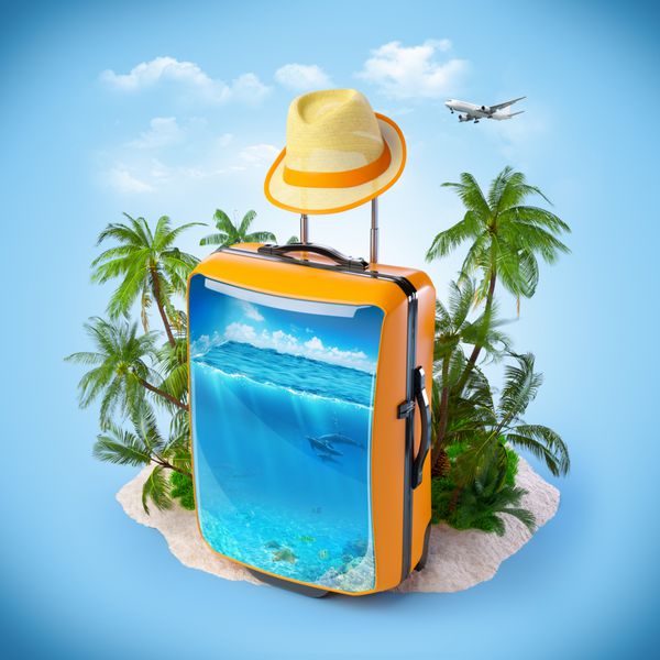 چمدان با اقیانوس در داخل پس زمینه گرمسیری مسافرت کردن