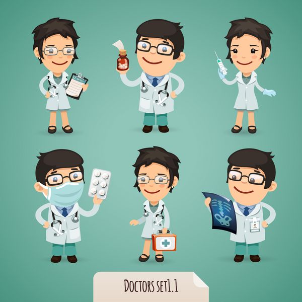 Doctors Cartoon Characters Set1 1 در فایل EPS هر عنصر به صورت جداگانه گروه بندی شده است