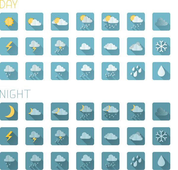 مجموعه ای از نمادهای آب و هوای صاف مربعی جدا شده در پس زمینه سفید آیکون های رنگی روز و شب سایه های مسطح