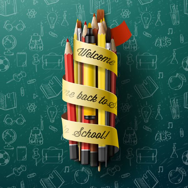 مداد رنگی مداد رنگی با متن بازگشت به مدرسه روی روبان وکتور