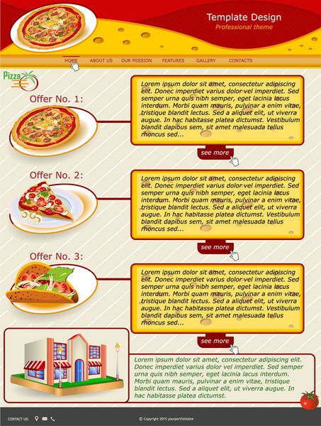 طراحی قالب وب سایت به همراه آیکون و تصاویر مربوط به رستوران پیتزا