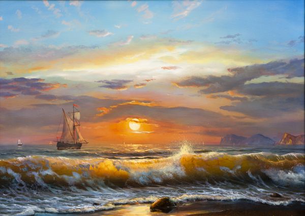 نقاشی رنگ روغن روی بوم قایق بادبانی در پس زمینه غروب دریا