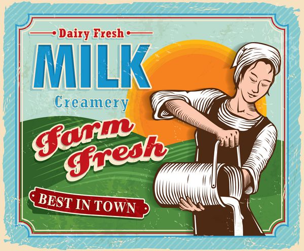 شیر تازه مزرعه قدیمی با پوستر کارگر زن