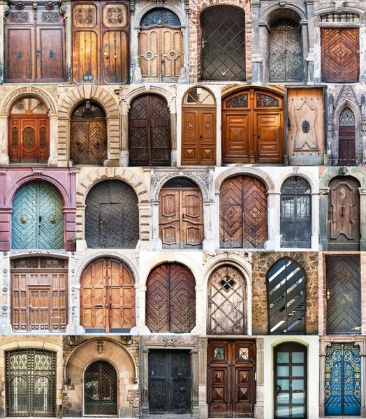 کلاژ عکس از درهای قدیمی محله گوتیک در بارسلونا اسپانیا