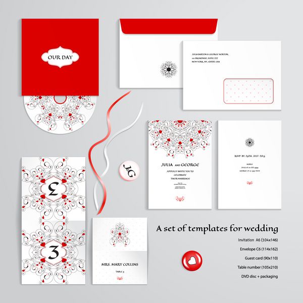 قالب های وکتور برای طراحی عروسی الگوی انتزاعی با فر و قلب دعوتنامه پاکت نامه کارت مهمان شماره میز دیسک های بسته بندی آهن ربا و نوار ابعاد داده شده است