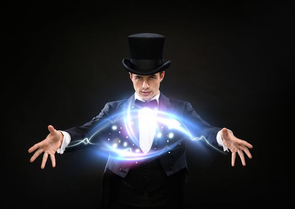 جادو اجرا سیرک مفهوم نمایش - شعبده باز در کلاه بالا ترفند نمایش