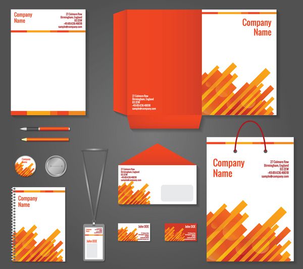 الگوی لوازم التحریر تجاری با فناوری هندسی قرمز و نارنجی برای وکتور مجموعه هویت شرکتی و برندسازی