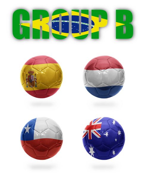 برزیل گروه B توپ های واقعی فوتبال با پرچم های ملی اسپانیا هلند شیلی استرالیا