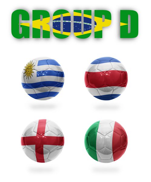برزیل گروه D توپ های فوتبال واقعی با پرچم های ملی اروگوئه کاستاریکا انگلیس ایتالیا