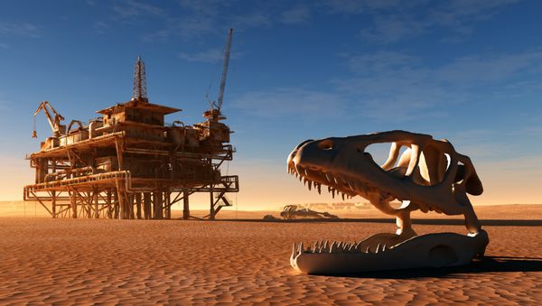 اسکلت دایناسور و ایستگاه نفت در صحرا