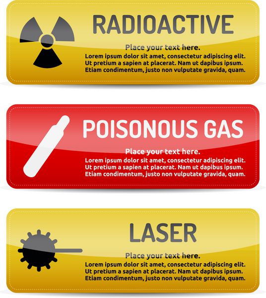 رادیواکتیو گاز سمی لیزر - علامت خطر خطر روی بنر هشدار با انعکاس گرادیان نور و سایه در زمینه سفید