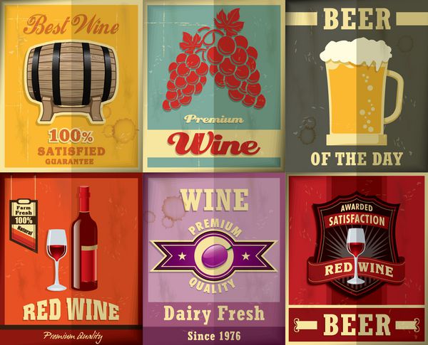 مجموعه طراحی پوستر آبجو شراب وینتیج