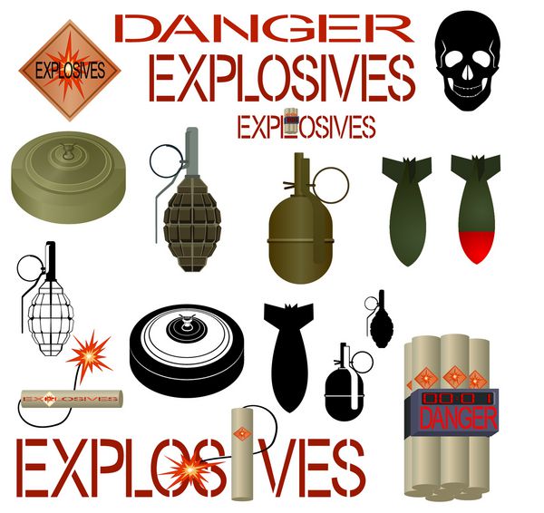 مواد منفجره و اشیاء مورد استفاده در صنعت و امور نظامی تصویر در زمینه سفید