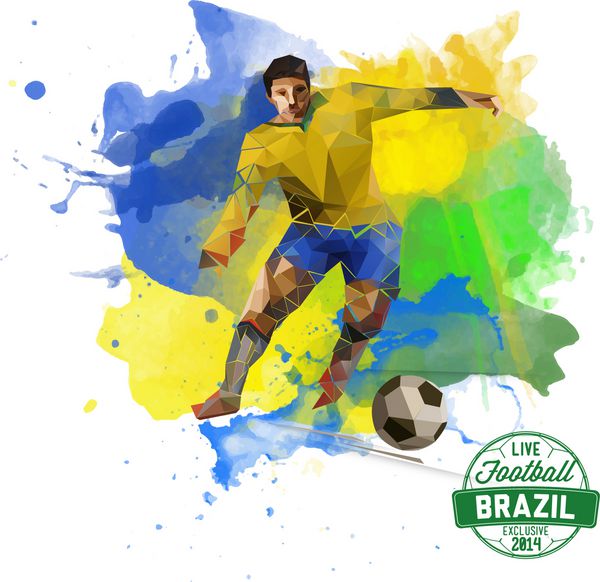 مفهوم وکتور فوتبالیست برزیلی با آبرنگ و فیگورهای هندسی طراحی خلاقانه فوتبال با برچسب برای شما