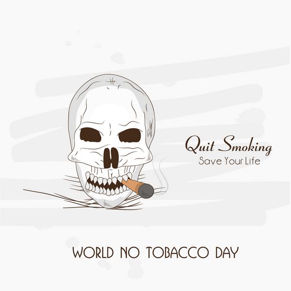 طراحی پوستر بنر یا بروشور روز جهانی بدون دخانیات با طرح جمجمه انسان در پس زمینه خاکستری