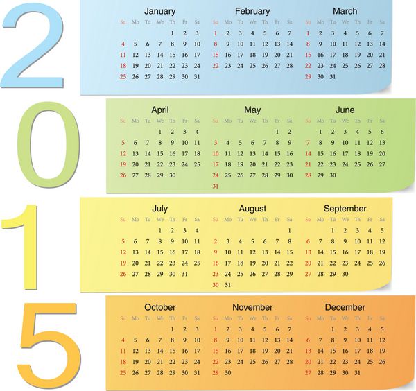 تقویم وکتور رنگی اروپایی 2015 با اعداد عمودی هفته از یکشنبه شروع می شود