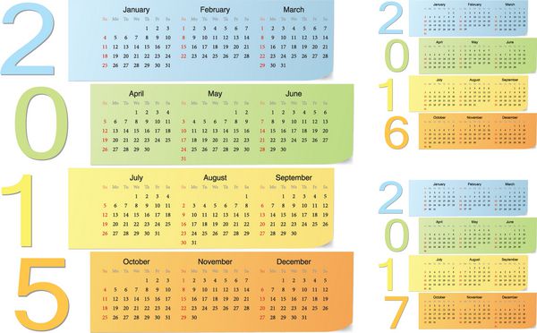 تقویم های وکتوری رنگی اروپایی 2015 2016 2017 با اعداد عمودی هفته از یکشنبه شروع می شود