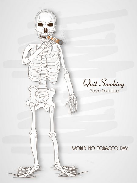 طراحی پوستر بنر یا بروشور روز جهانی بدون دخانیات با اسکلت انسان و متن شیک No Smoking در زمینه خاکستری