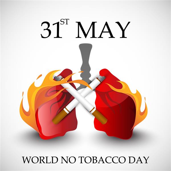 طراحی پوستر بنر یا بروشور برای روز جهانی بدون دخانیات با ریه های انسان در آتش و سیگار در پس زمینه خاکستری