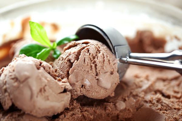 بستنی شکلاتی در یک کاسه با برگ