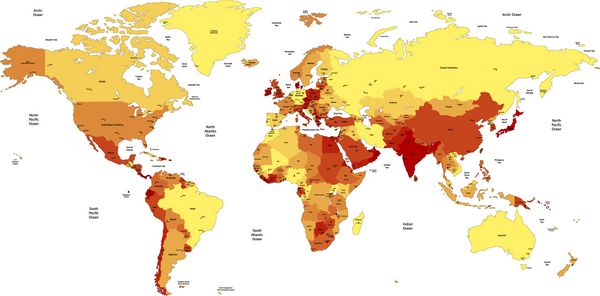 نقشه جهانی وکتور دقیق از رنگ های زرد نارنجی قرمز نام ها علائم شهر و مرزهای ملی در لایه های جداگانه قرار دارند