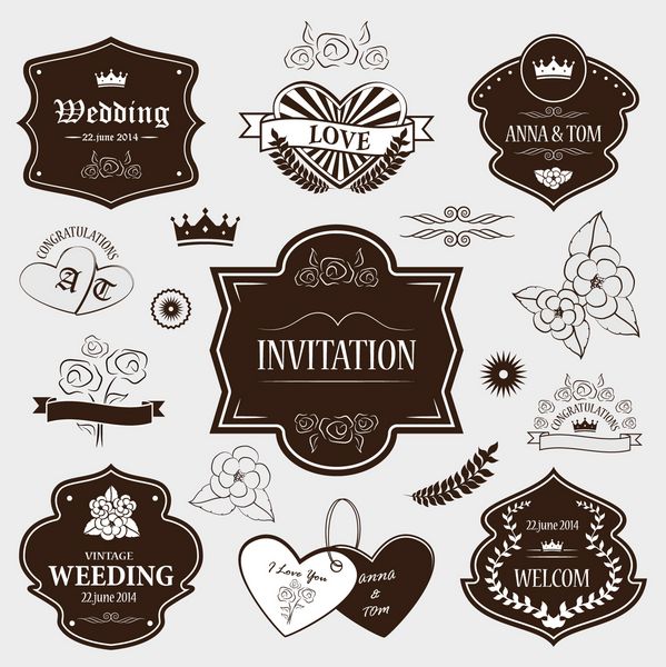 آیکون ها و دعوت نامه های عروسی - مجموعه ای - جدا شده در پس زمینه خاکستری وکتور طرح گرافیکی قابل ویرایش برای طرح شما لوگوی عروسی