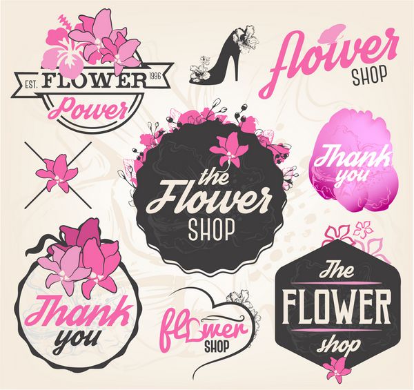 المان ها برچسب ها و نشان های طراحی فروشگاه گل به سبک قدیمی