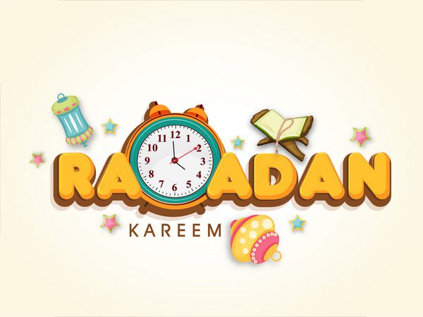 طرح خلاقانه کارت پستال با متن شیک رمضان کریم با چراغ عربی قرآن شریف و ساعت