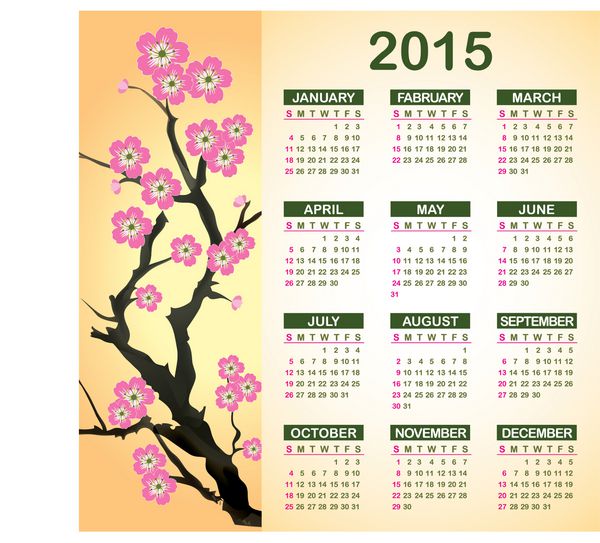 تقویم 2015 با تصویر شکوفه های گیلاس