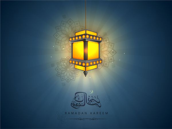 طرح زیبای کارت تبریک ماه مبارک رمضان کریم با خط اسلیمی عربی متن در زمینه آبی