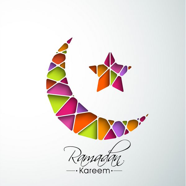 هلال ماه و ستاره رنگارنگ در زمینه آبی برای ماه مبارک جامعه مسلمانان رمضان کریم