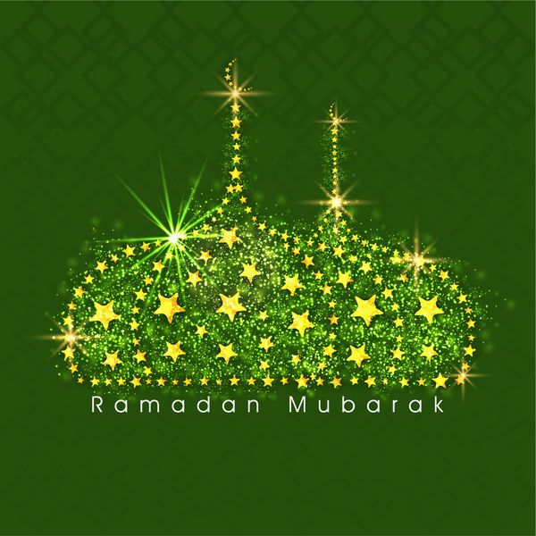 طرح زیبای مسجد تزئین شده با ستاره های درخشان در زمینه سبز برای ماه مبارک جامعه مسلمانان رمضان کریم