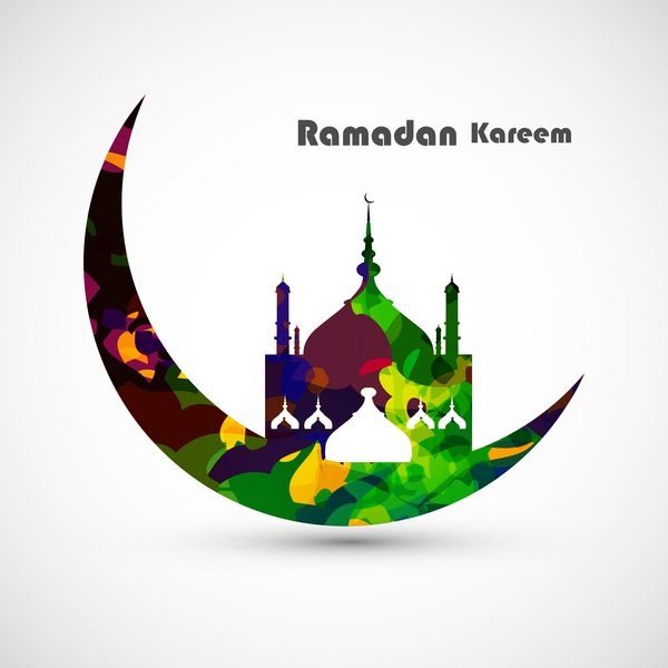 مفهوم ماه کارت رمضان کریم برای مسجد رنگارنگ و وکتور پس زمینه سفید